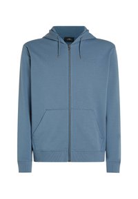 Blue zip-up hoodie with a textured fabric, front pockets, and drawstring hood. Features a subtle logo on the chest and ribbed cuffs.