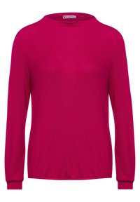 Långärmad tröja med rund hals i stark magenta med ribbade muddar och nederkant, visad framifrån på en vit bakgrund.
