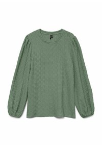 Maglia verde a maniche lunghe con tessuto testurizzato, scollo rotondo e maniche a sbuffo arricciate. Vestibilità rilassata con una sensazione leggera e morbida.