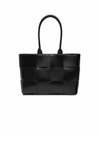 Crna tkanina torba za nošenje s pravokutnim oblikom, glatkim kožnim materijalom, s dva zaobljena ručka i strukturiranom siluetom.