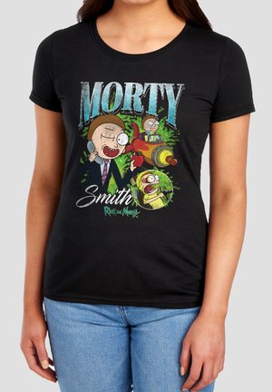 Black t-shirt featuring animated character Morty Smith in a suit, space gun, and cartoon spaceship from Rick and Morty.