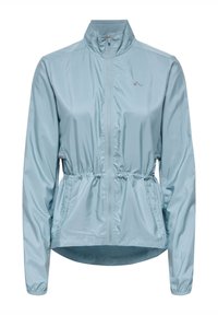 Veste bleu clair à fermeture éclair à l'avant, fabriquée en tissu brillant et lisse, avec une taille froncée et un col haut pour un ajustement réglable.