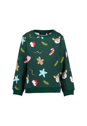 Pull pour enfants vert foncé avec imprimés festifs de visages de rennes, cannes en sucre d'orge, bonshommes en pain d'épice, cœurs, étoiles et feuilles de pin.