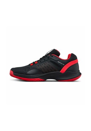 Schwarz-roter Low-Top-Sportschuh mit Mesh-Seiten, gepolsterter Sohle und Schnürverschluss, mit der Aufschrift Hurakan Pro an der Seite.