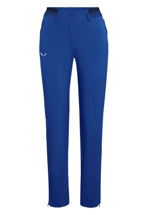 Niebieskie spodnie slim fit z podwójnym zapięciem na guziki, elastycznym pasem i małym logo na lewym udzie.