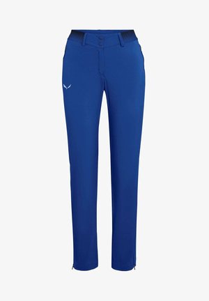 Pantaloni slim fit blu con chiusura a doppio bottone, dettagli in vita elastica e piccolo logo sulla coscia sinistra.