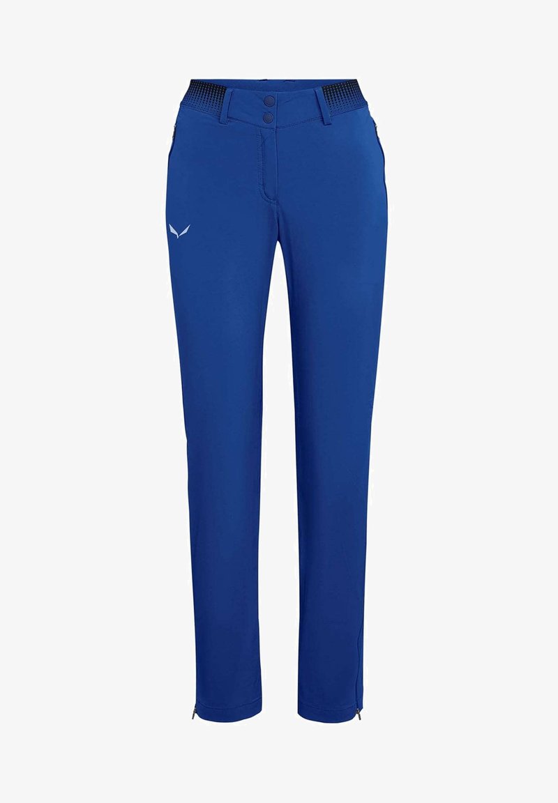 Pantalon slim bleu avec fermeture double bouton, taille élastique et petit logo sur la cuisse gauche.