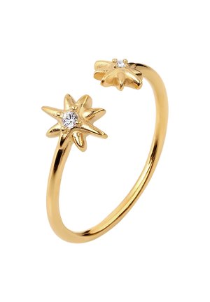 Bague en or ornée de deux motifs de fleurs étoilées, chacune sertie d'une petite pierre transparente. Fini lisse et poli avec une bande délicate et ouverte.