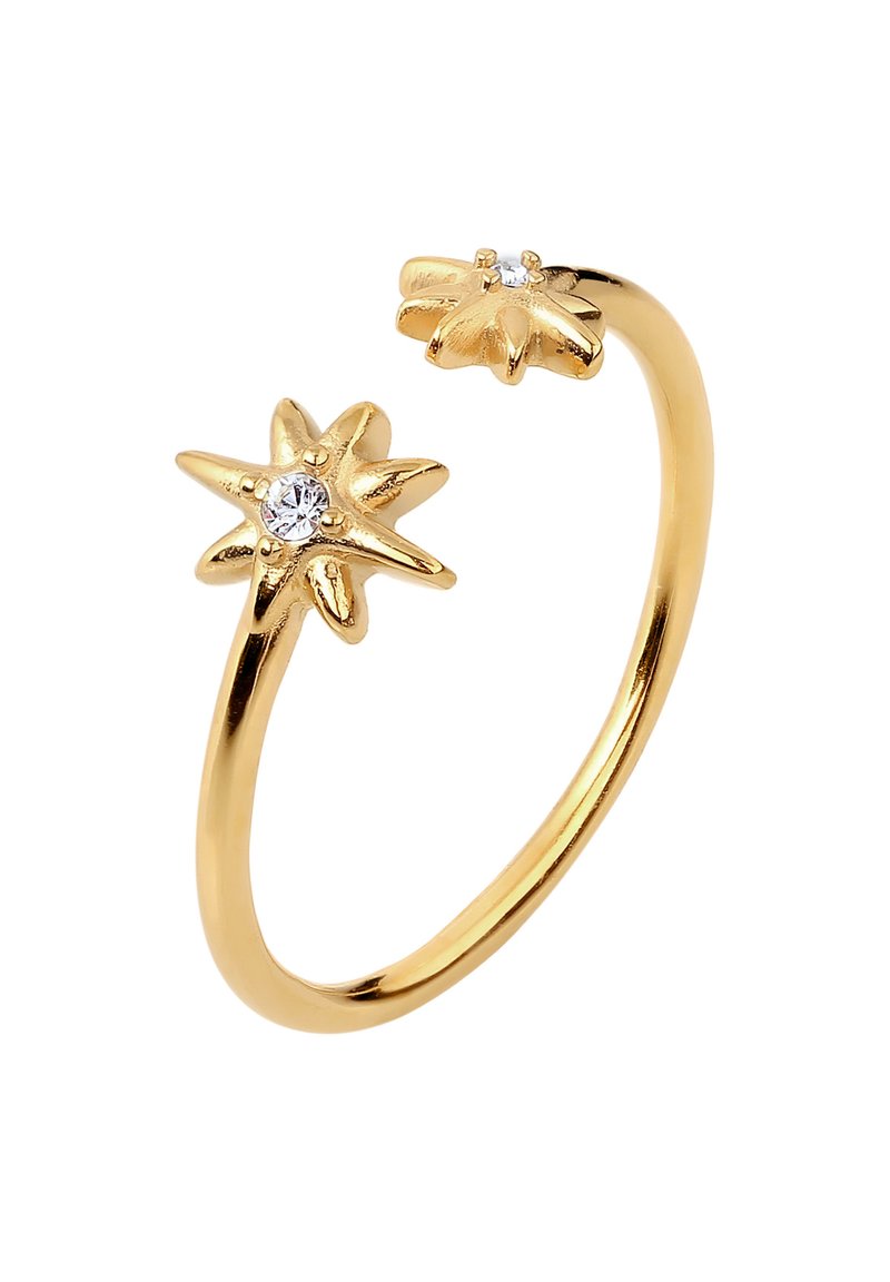 Gouden ring met twee ster bloem ontwerpen, elk bezet met een kleine, heldere steen. Gladde, gepolijste afwerking met een delicate, open band.