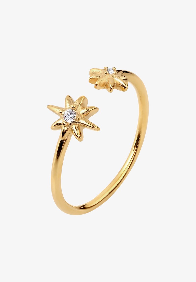 Gouden ring met twee ster bloem ontwerpen, elk bezet met een kleine, heldere steen. Gladde, gepolijste afwerking met een delicate, open band.