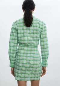 Abito a quadri verde e bianco con maniche lunghe, vita aderente, arricciatura sul retro e polsini con bottoni. Tessuto leggero e texture a motivo.