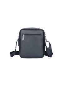 Borsa a tracolla nera in pelle con superficie testurizzata, forma quadrata, chiusura con cerniera superiore e tracolla regolabile. Presenta una tasca frontale con cerniera.