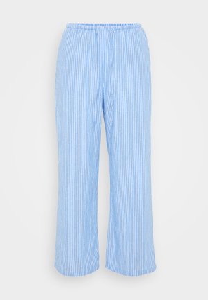 Light blue striped pants, made from soft fabric, featuring an elastic waistband, drawstring, and wide, cropped legs.