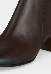 Gros plan d'une bottine en cuir lisse marron foncé avec un bout pointu et un talon bloc sur fond blanc.