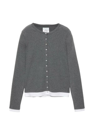 Donkergrijs lang mouw vest met witte knopen aan de voorkant en witte bies aan de manchetten en zoom, ronde halslijn en zachte stoftextuur.