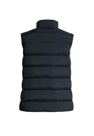 Gilet en duvet noir avec col haut, design matelassé horizontal, texture lisse et sans quincaillerie ni accents visibles.