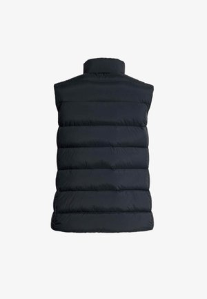 Gilet en duvet noir avec col haut, design matelassé horizontal, texture lisse et sans quincaillerie ni accents visibles.
