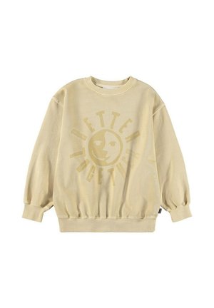 Sweat-shirt beige oversize avec poignets et ourlet côtelés, arborant un motif circulaire de visage souriant et fronçant les sourcils ainsi que le texte "Mieux Ensemble."