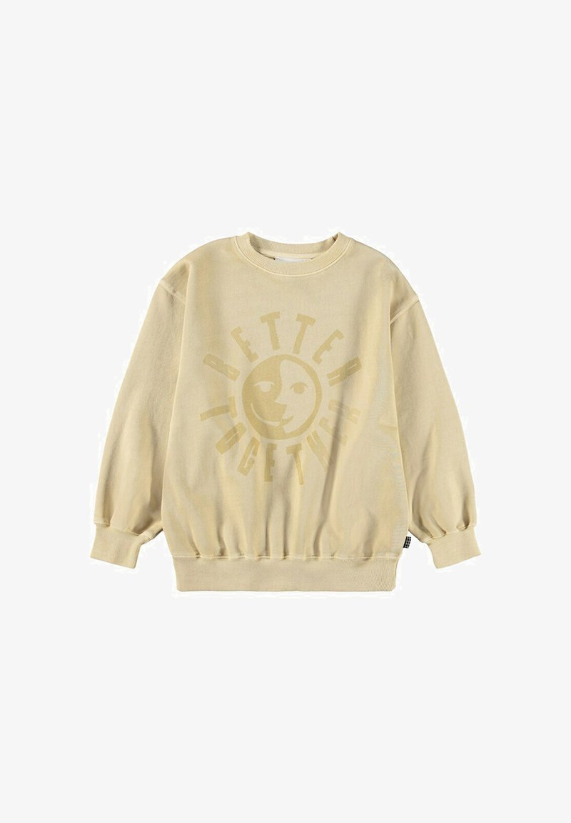 Sweat-shirt beige oversize avec poignets et ourlet côtelés, arborant un motif circulaire de visage souriant et fronçant les sourcils ainsi que le texte "Mieux Ensemble."