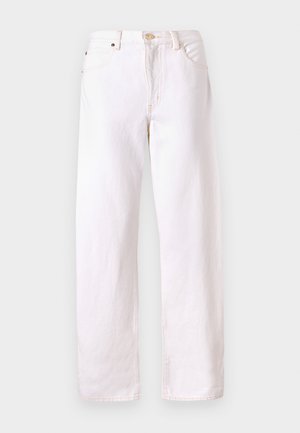 White denim jeans with a relaxed fit, straight legs, five-pocket design, and a button closure. Features visible stitching and minimal hardware.
