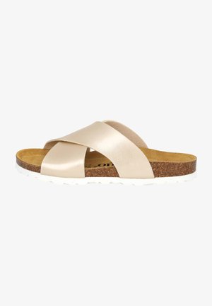 Beige leather slide sandal with crossed straps, cork footbed, and white rubber sole featuring textured grip. No visible patterns or accents.