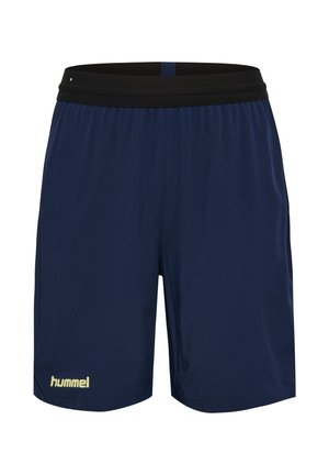 Marineblå atletiske shorts med en sort elastisk taljebånd, lavet af letvægtsmateriale, med et gyldent "hummel"-logo på den nederste venstre side.