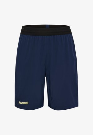 Granatowe sportowe szorty z czarnym elastycznym paskiem w talii, wykonane z lekkiego materiału, z złotym logo "hummel" na dolnej lewej stronie.