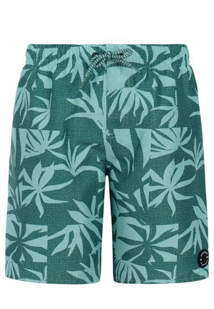 Short de bain vert avec motifs de feuilles tropicales vert clair et taille à cordon, comprenant un petit logo rond de la marque près de l'ourlet.