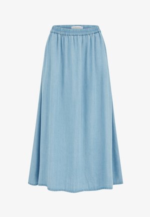 Falda azul claro hasta el tobillo con cintura elástica y forma acampanada, hecha de tela de mezclilla suave.
