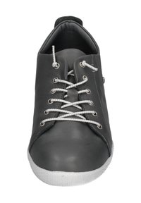 Gray leather sneaker with white laces, rounded toe, and a white rubber sole. Features subtle stitching details and metal eyelets.