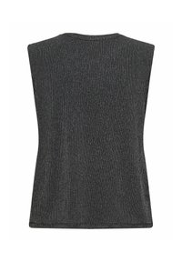 Czarny bezrękawnik o prążkowanej fakturze z metalicznymi drobinkami, z okrągłym dekoltem i prostym dołem.