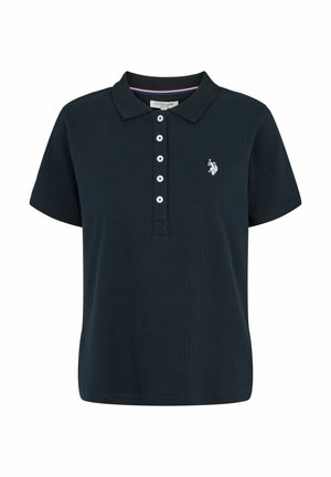 Melns īsroku polo krekls ar ribveida tekstūru, piecas baltas pogas, mazs balts izšūts zirga un jātnieka logotips kreisajā krūšu daļā.