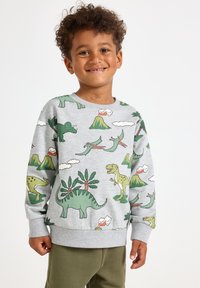 Lächelnder Junge mit lockigem Haar, der einen grauen Pullover mit grünen Dinosaurier-, Vulkan- und Palmenmotiven sowie olivgrünen Hosen trägt.