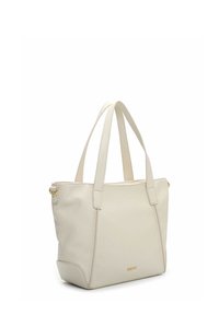 Valkoinen nahkainen olkalaukku, jossa on kaksi pitkää kahvaa, neliön muotoinen, sileä pinta ja kultaiset metalliosat. Minimalistinen muotoilu ilman näkyviä kuvioita.