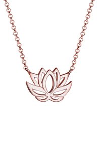 Rose guld halskæde med en lotusblomst vedhæng med udskårne detaljer og en sart kæde. Designet er symmetrisk og elegant.