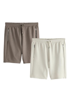 To par afslappede shorts med frontlynlåslommer og snoretræk i taljen, én i lysebeige og én i taupe, vist på hvid baggrund.