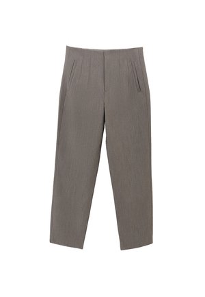 Pantaloni grigi plissettati con design a gamba dritta, caratterizzati da due tasche laterali e un tessuto testurizzato. Nessun dettaglio di chiusura visibile.