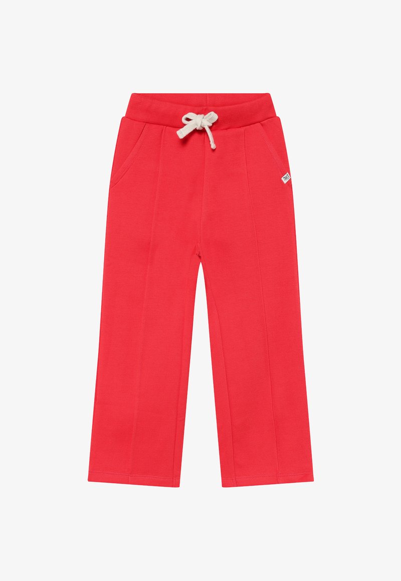 Pantalon de survêtement en coton rouge avec taille à cordon, deux poches latérales et coupe décontractée. Caractéristiques : coutures plates et petite étiquette logo sur le côté.