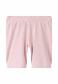 Shorts roses clairs extensibles longueur genou avec taille élastique, conçus pour le confort et un style décontracté.