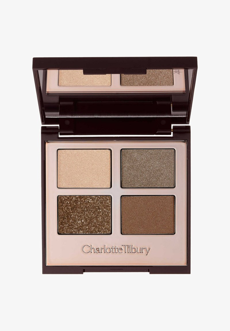 Compact eyeshadow palette with four neutral shades: light beige, shimmery olive, glittery dark brown, and matte brown, with a built-in mirror.