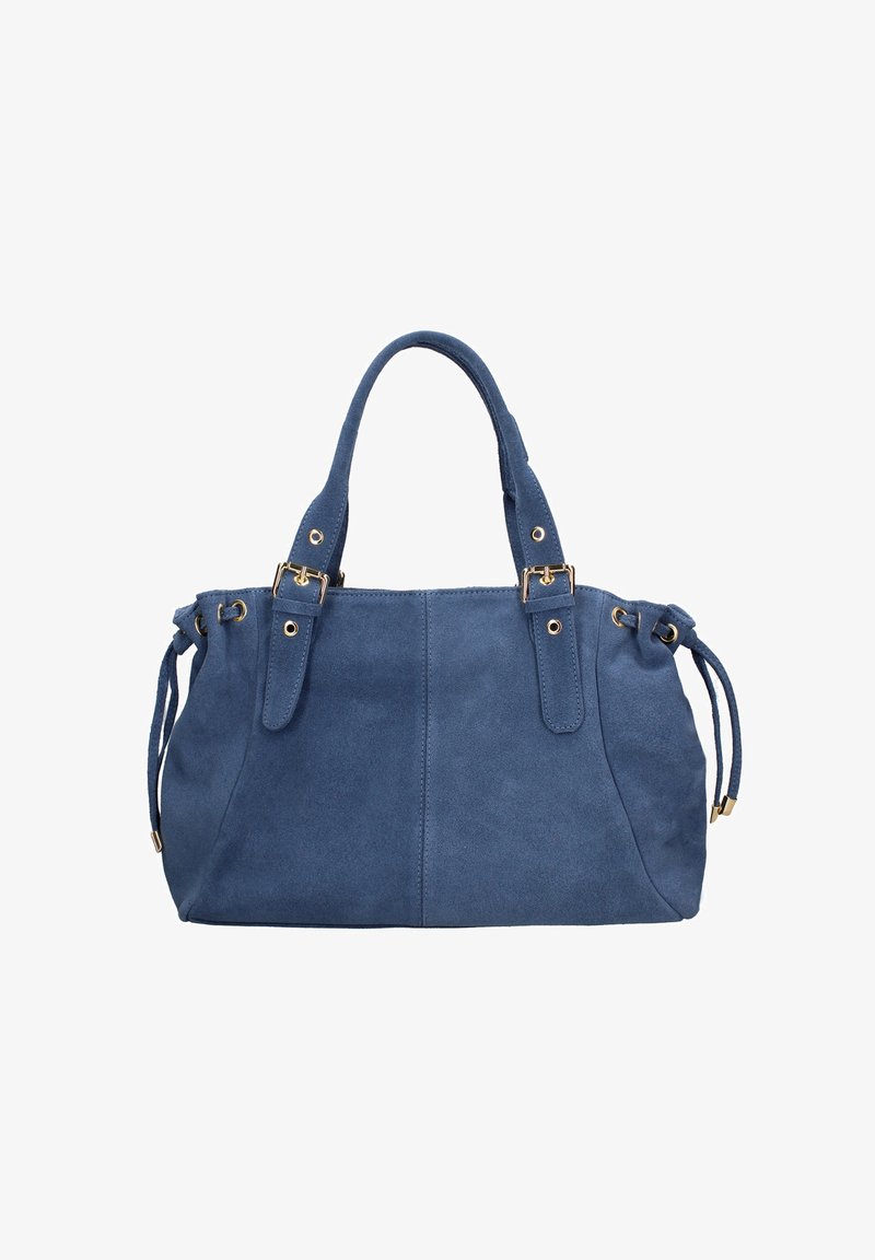 Sac à main en daim bleu avec double poignées, accents en métal doré, détails à cordon sur les côtés et base arrondie.