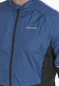 Leichte blau-schwarze Jacke mit Reißverschluss vorne, hohem Kragen und "ENDURANCE"-Logo auf der Brust. Glatte Textur, sportliches Design.