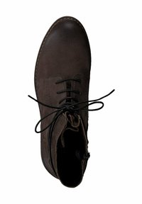 Bottine en cuir marron avec un bout arrondi, lacets à l'avant et fermeture éclair sur le côté. Présente des détails cousus et une texture lisse.