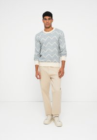 Jasnoniebieski sweter w zygzakowy wzór, z kremowym kołnierzykiem i mankietami, zestawiony z beżowymi spodniami i białymi sneakersami. Prosty, nowoczesny design.