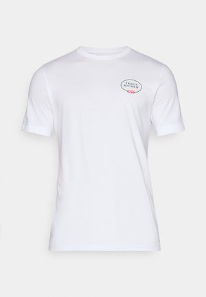 White cotton t-shirt featuring short sleeves, a crew neckline, and a logo with floral accents on the left chest area.