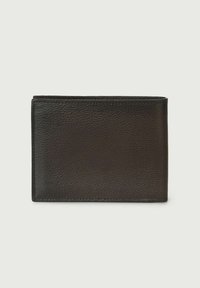 Portafoglio in pelle nera di forma rettangolare con una fine texture granulare. Presenta cuciture ordinate e nessun hardware o accentuazione visibile.