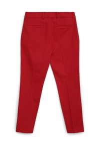 Pantalon rouge sur mesure avec une texture lisse, coupe slim et ouvertures de jambe étroites. Dispose de deux poches arrière et d'une ceinture avec passants pour ceinture.