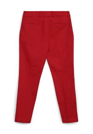 Pantalon rouge sur mesure avec une texture lisse, coupe slim et ouvertures de jambe étroites. Dispose de deux poches arrière et d'une ceinture avec passants pour ceinture.