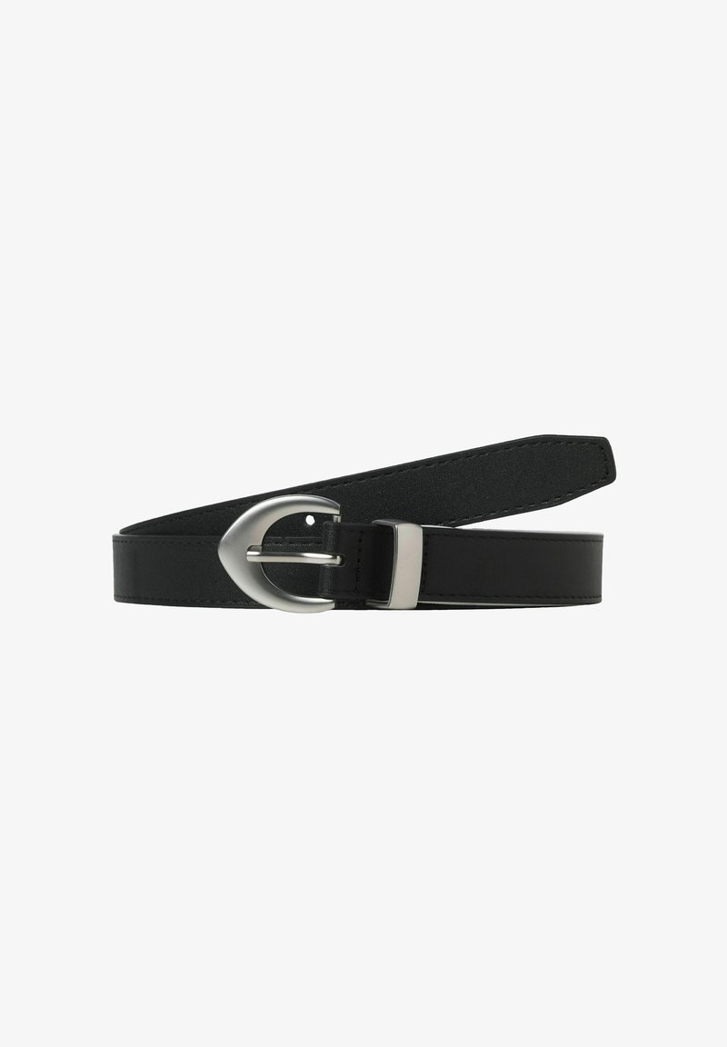 Ceinture en cuir noir avec une boucle en métal argenté en forme d'ovale et une boucle de ceinture argentée assortie, présentée sur un fond blanc.