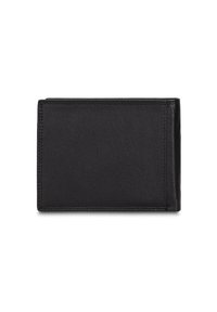 Portafoglio nero in pelle con superficie testurizzata, forma rettangolare e cuciture visibili lungo i bordi. Nessun accessorio metallico visibile.